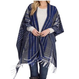 Woolrich NWT blue and gray fringe blanket poncho wrap